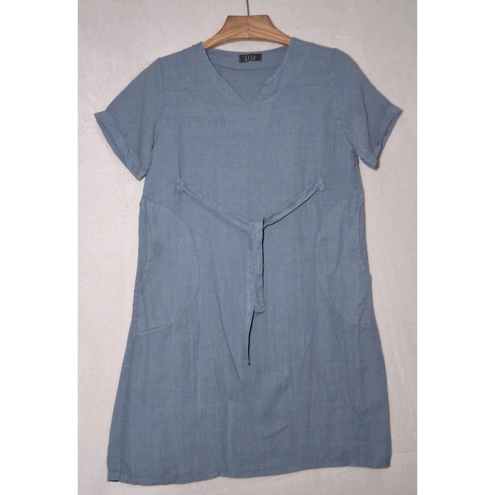 Saga Italy Shift Dress Blue Short Sleeve Split V Neck Tie Waist Relaxed Fit - OS